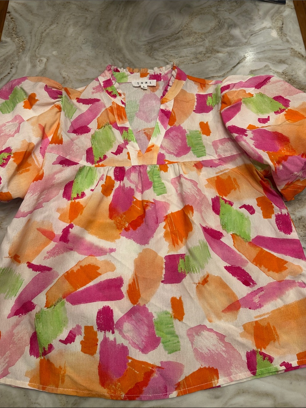 THML  Brushstroke Print Puff Sleeve Top - Pink, Orange, Green, White